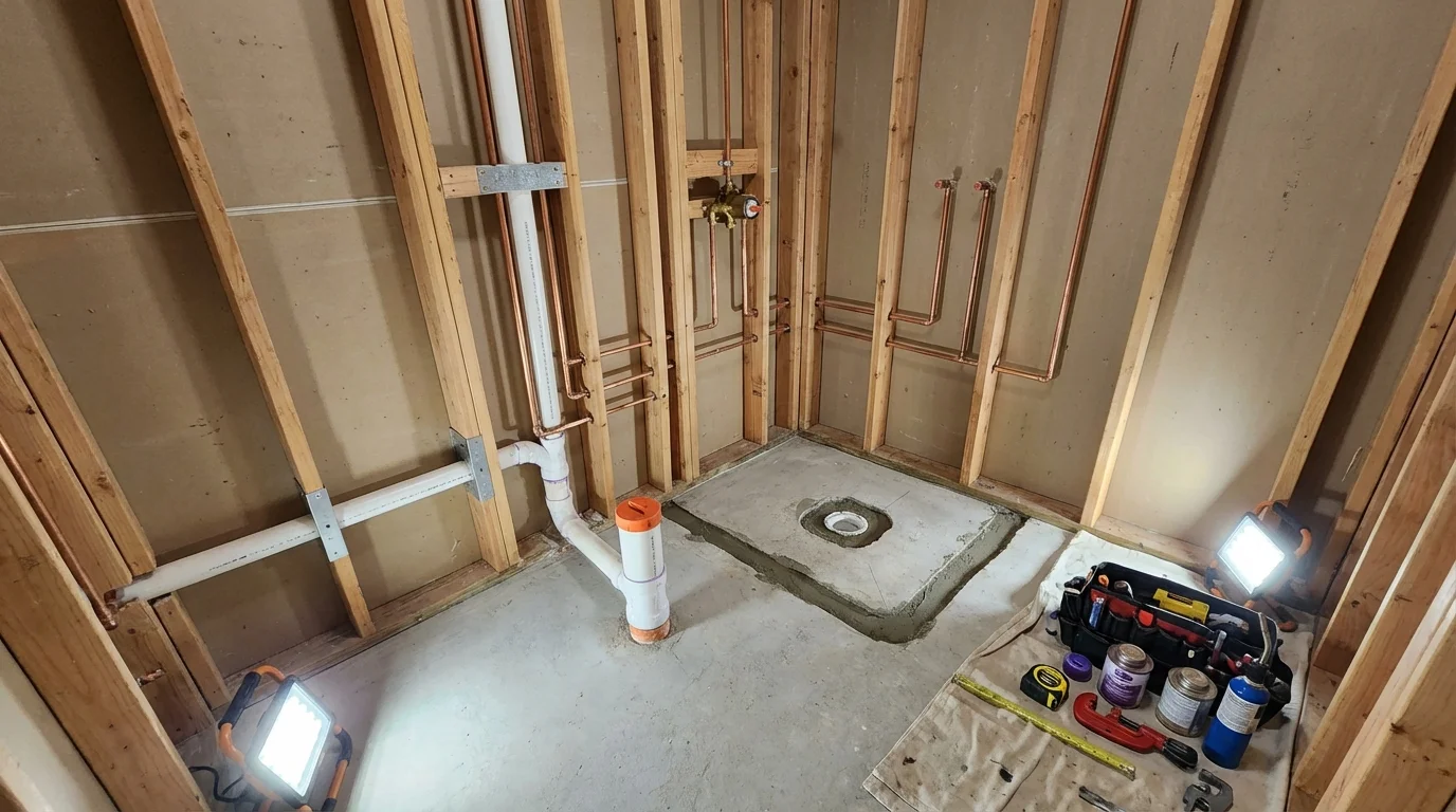 Bathroom rough-in plumbing during remodel by Johns Plumbing LLC in Morehead