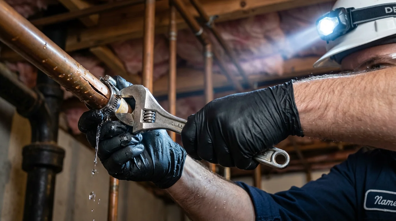 Emergency pipe clamp repair being performed by a Johns Plumbing LLC plumber in Morehead