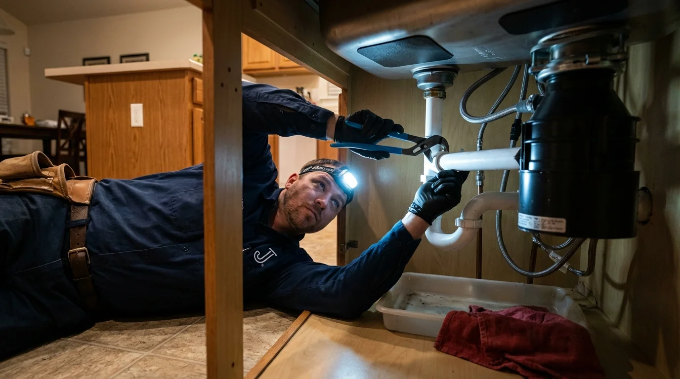 P-trap and supply line connections under a kitchen sink showing a common leak point in Morehead, KY